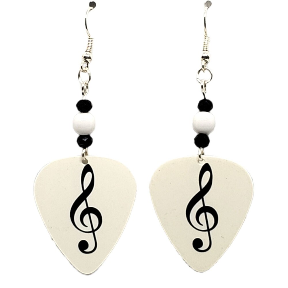 Treble Clef Music Note B&W Guitar Pick Beaded Earrings - Handmade in USA New